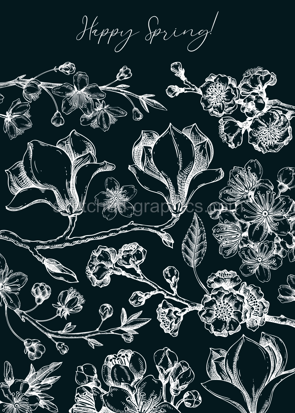 Spring greeting card. Blooming branches chalk drawing. Hand-drawn botanical illustration. Floral vector design. NOT AI genereted Illustration